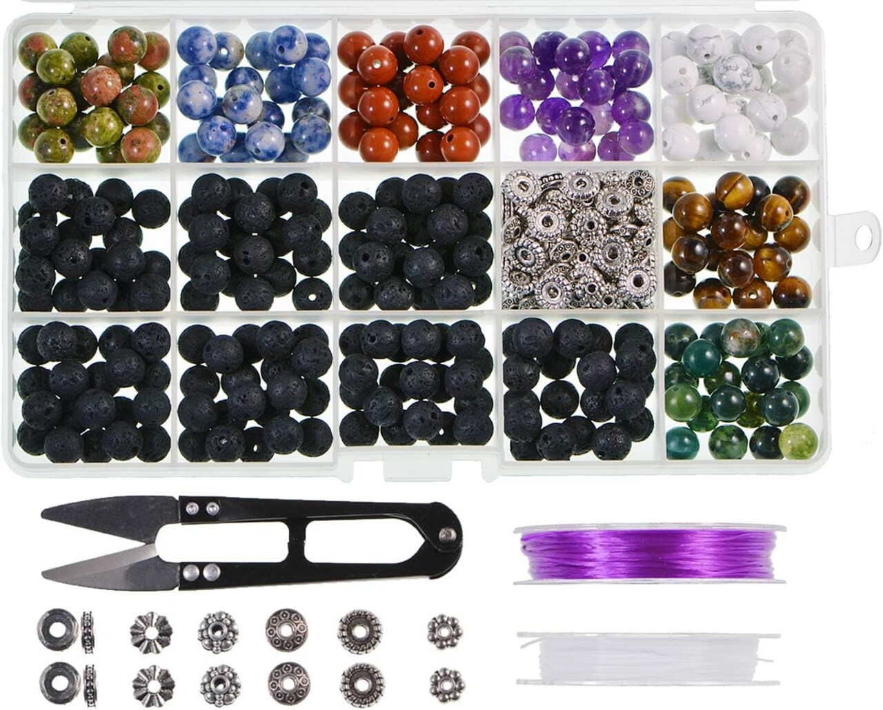 Natural Stone Beads Kit, 8mm Round Amethyst & Lava Stones with Jewelry Tools